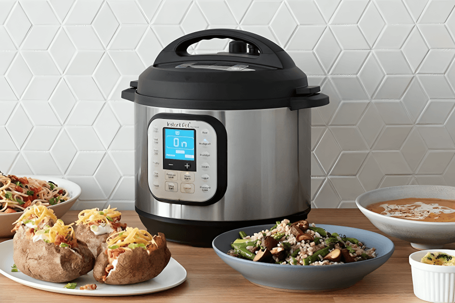 Black Instant Pot Duo Nova on a kitchen counter.