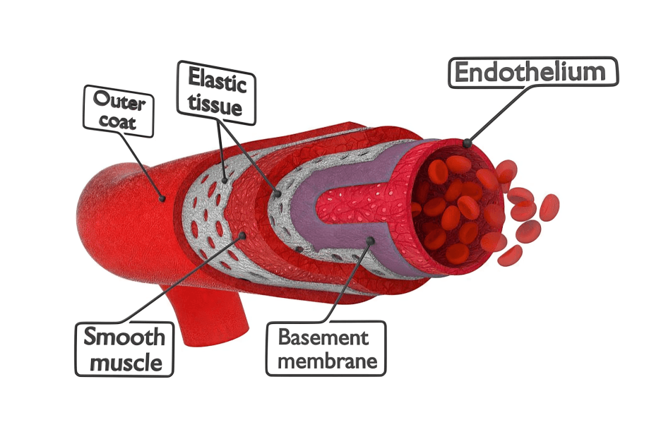 A cross-section diagram of a blood vessel with labels.
