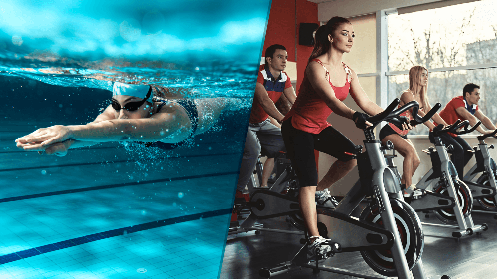 A split image of swimming and cycling for exercise.