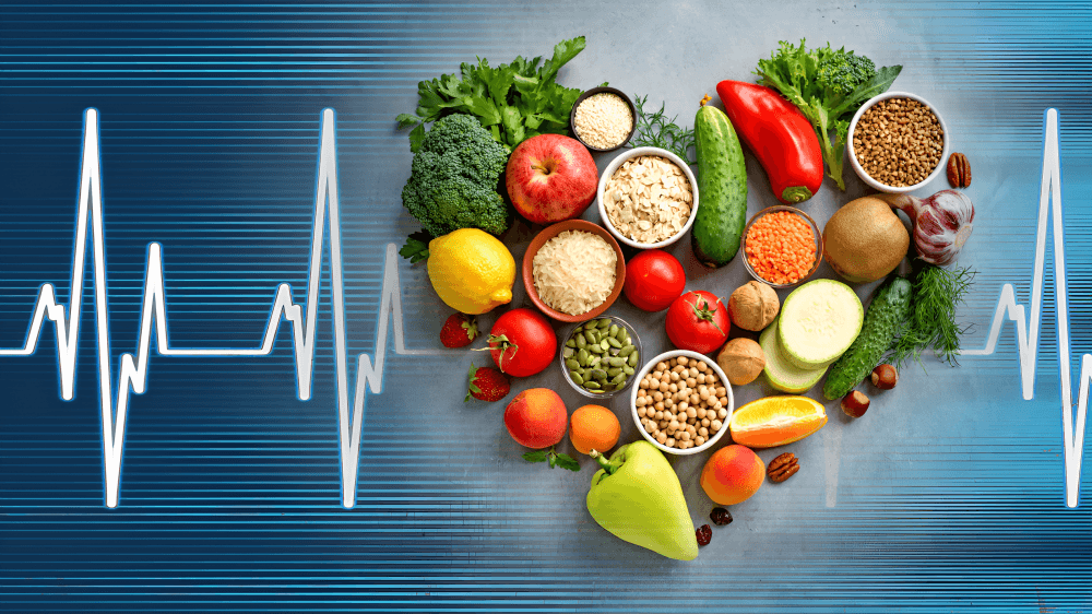 Heart-healthy food arranged in a heart shape with a heartbeat graphic.
