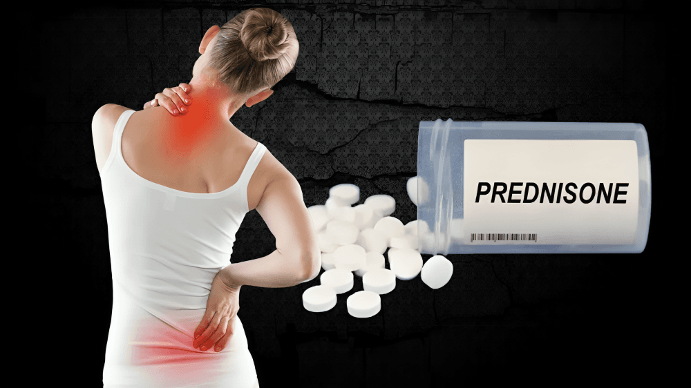 A person with back pain and a prednisone bottle.