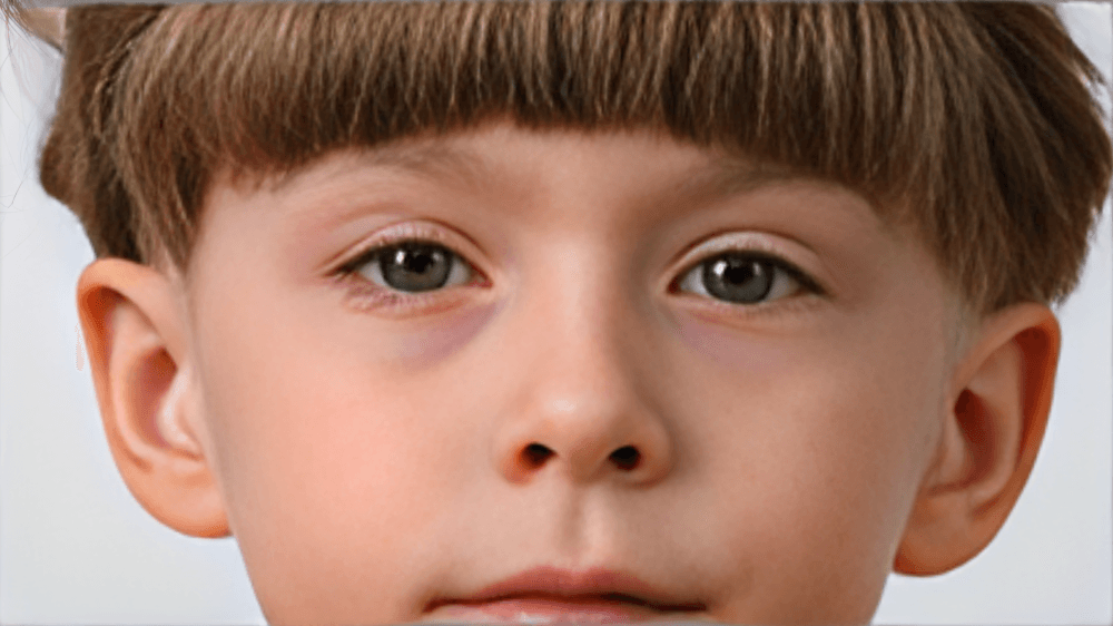 Close-up of a young child's face with pink eyes.