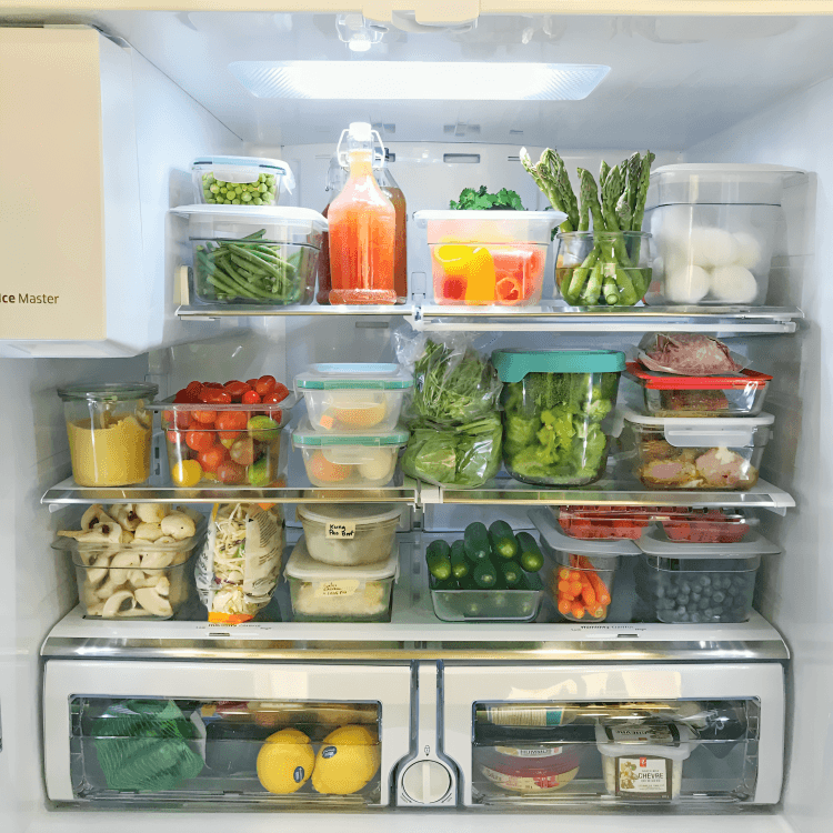 Organized refrigerator with various meal prep containers.