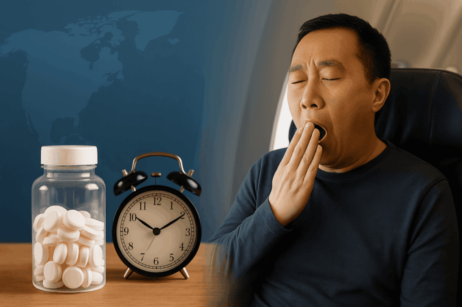 Yawning man, pills, and alarm clock with world map.