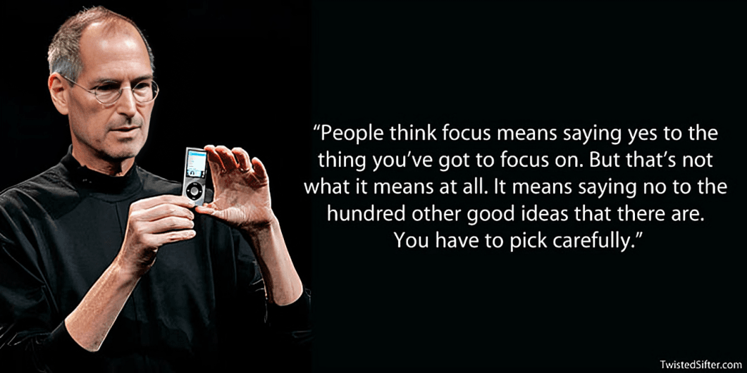 Steve Jobs holds an iPod, next to his "focus" quote.