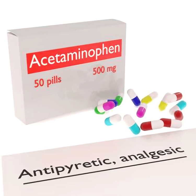 Acetaminophen box, pills, and label for antipyretic and analgesic.