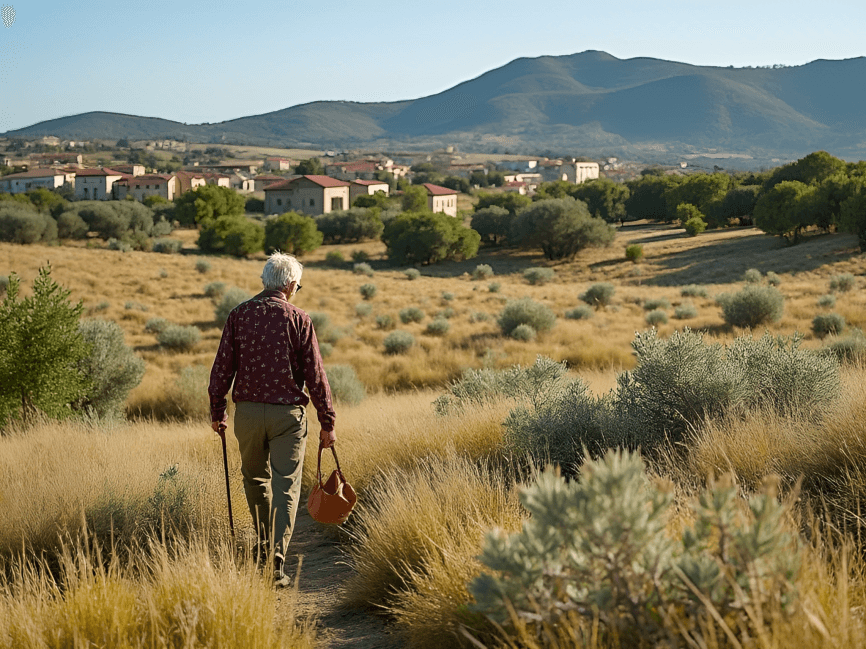 Elderly person walking rural path with cane.