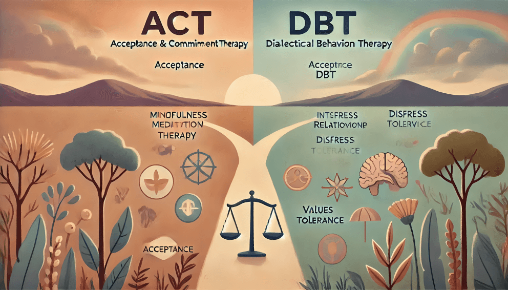 Visual comparison of ACT and DBT therapy approaches.
