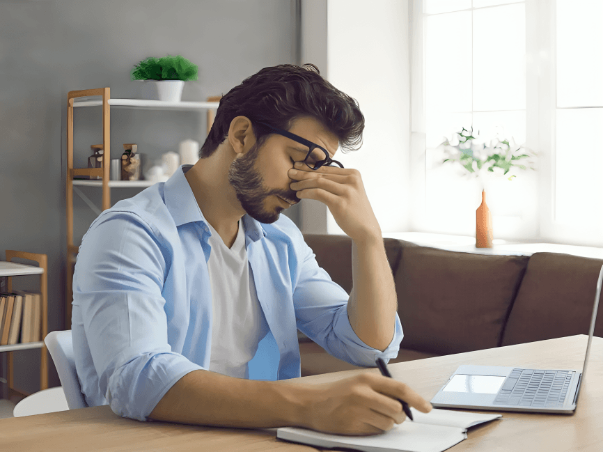 Man at desk with laptop, rubbing his eyes.