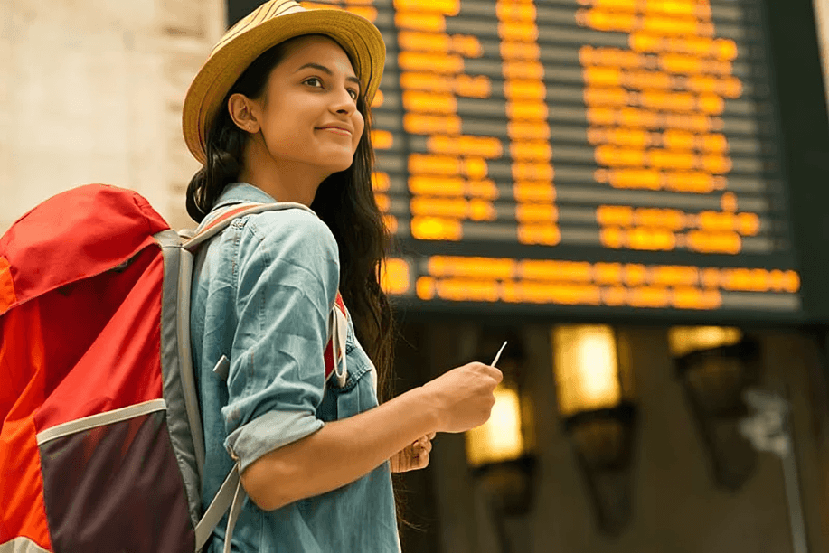 A female traveler with a backpack looking at a departures board.