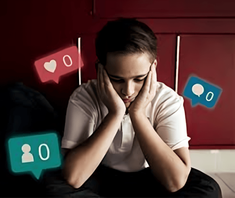 Sad young person surrounded by zero social media notifications.