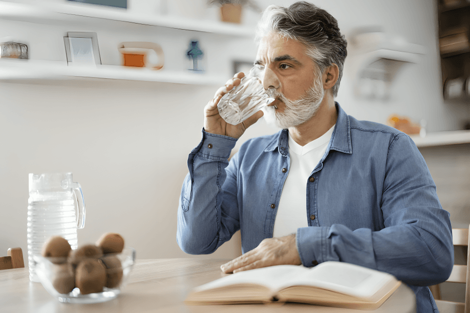 An old man is sitting on a chair and drinking a glass of water.
