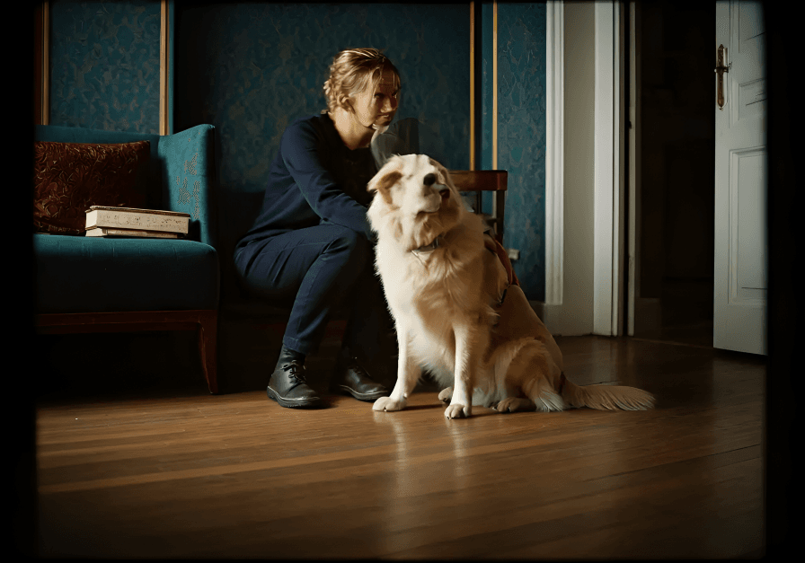 Woman sitting with her golden retriever dog indoors.