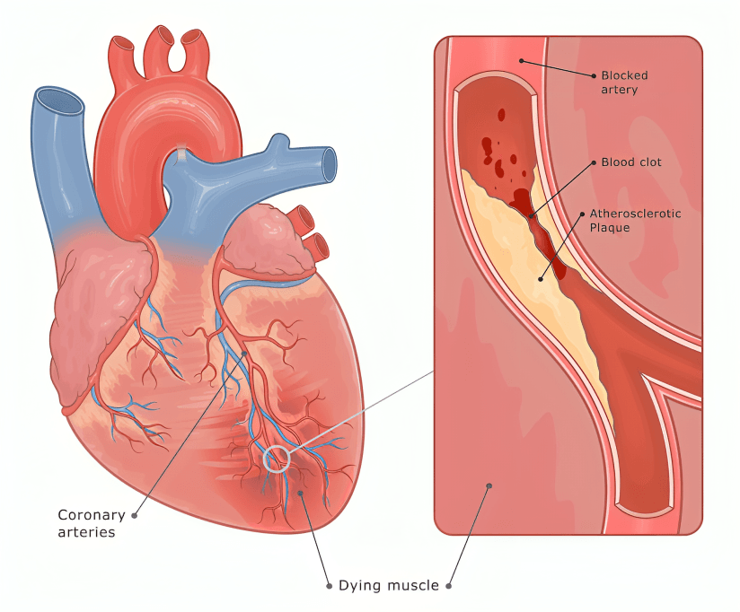 A diagram of a heart attack and blocked artery.