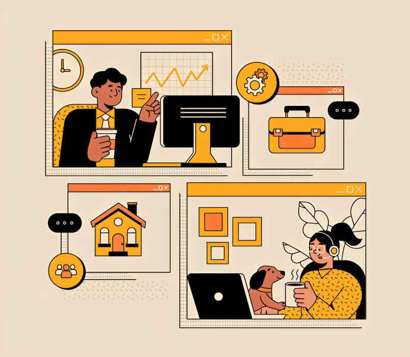 Illustrations depict hybrid work: office, home, and travel.