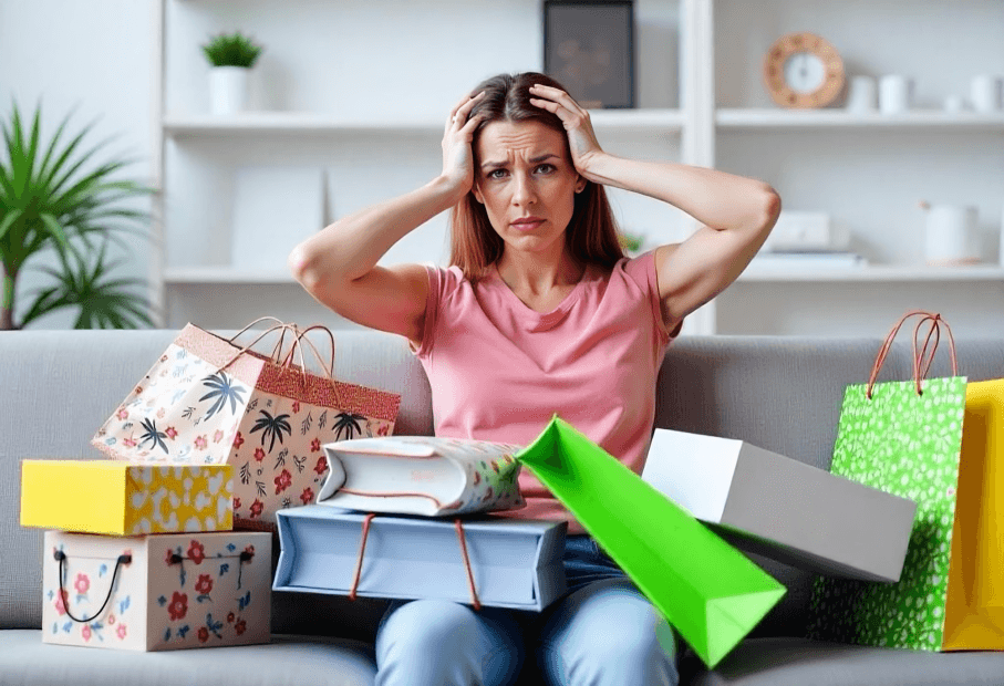 Woman stressed by many shopping bags and boxes.